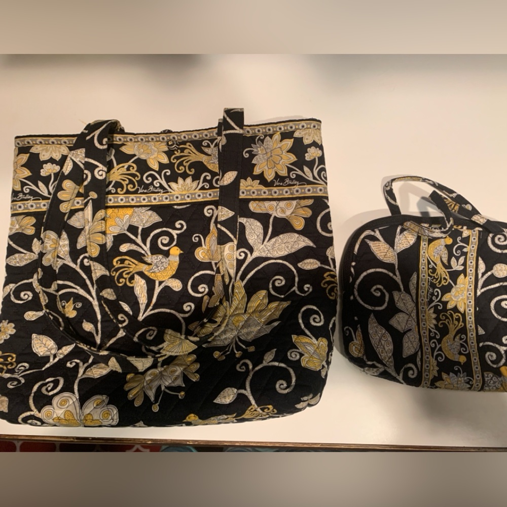 Vera Bradley Yellow Bird Shoulder Bag with Make-up Bag- Retired pattern